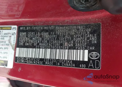 2006 Toyota Corolla S из США, поврежденный, VIN 2T1BR32E76C697688